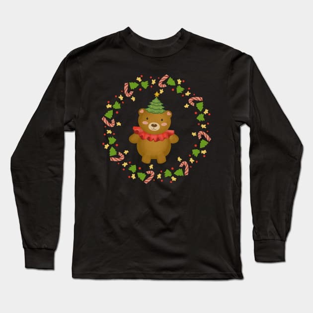 Christmas Teddy Bear Wreath Long Sleeve T-Shirt by i am Cuta